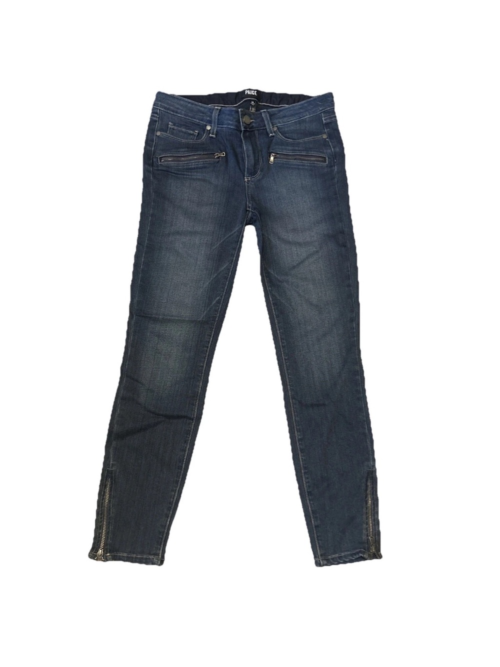 PAIGE Dark Blue Skinny Jeans with Ankle Zips Sz 28 has stretch so chick I’m 5’2